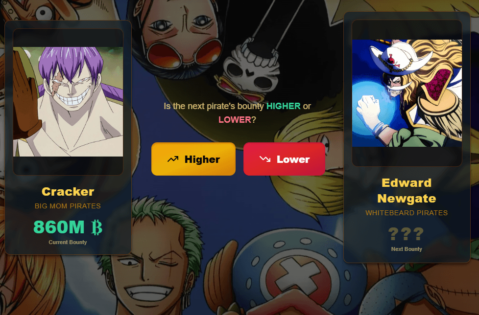 One Piece Higher or Lower bounty guessing game - guess if the next pirate bounty is higher or lower