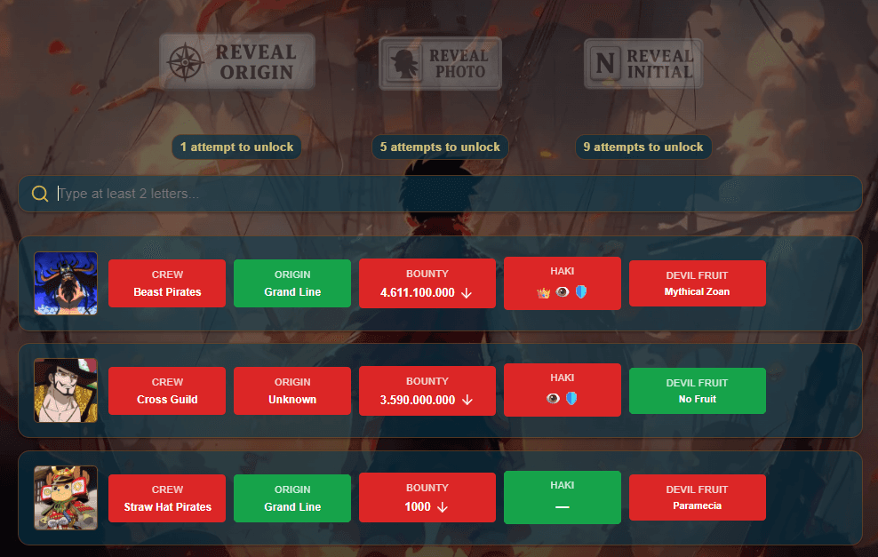 OnePiecedle - One Piece character guessing game with crew, devil fruit, and bounty hints