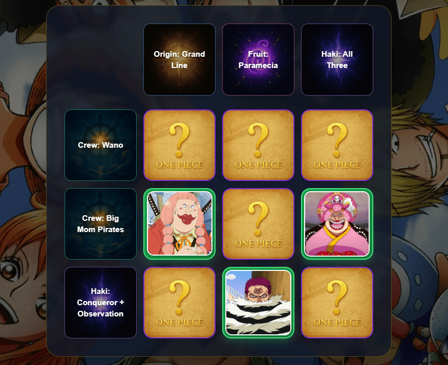 One Piece Tic Tac Toe - fill the grid matching crew, origin, devil fruit, and bounty constraints