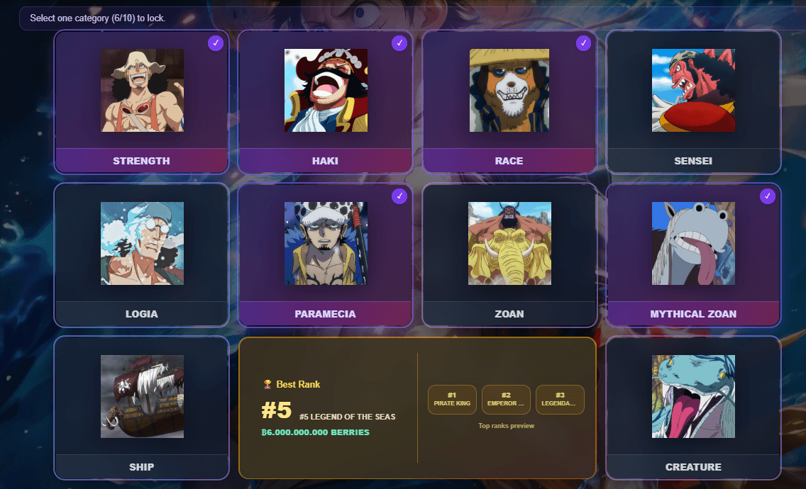 Tap One - One Piece crew builder game with character synergies and bounty rankings